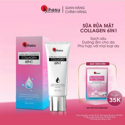Sữa rửa mặt trắng da Kihasu Collagen 6in1 100ml sạch sâu dưỡng ẩm sáng da cho da khô nhạy cảm