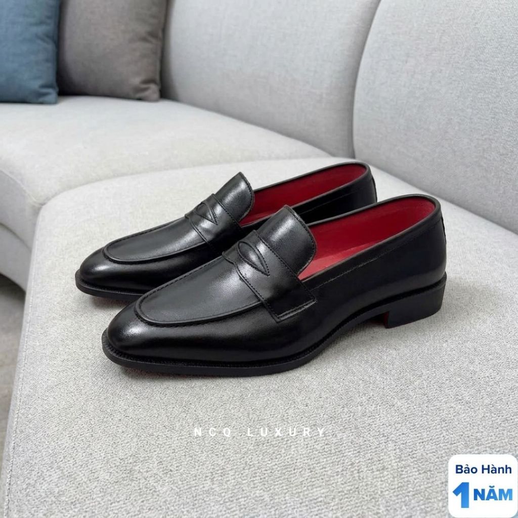 giày lười nam da bò đế cao su đỏ sang trọng, giày loafer nam da bò cao cấp