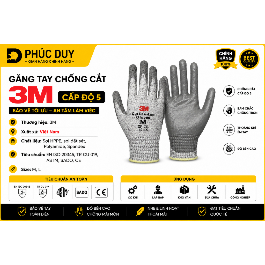 🥇 GĂNG TAY CHỐNG CẮT 3M CẤP ĐỘ 5 EN388:4543 • Phủ PU • Chính Hãng