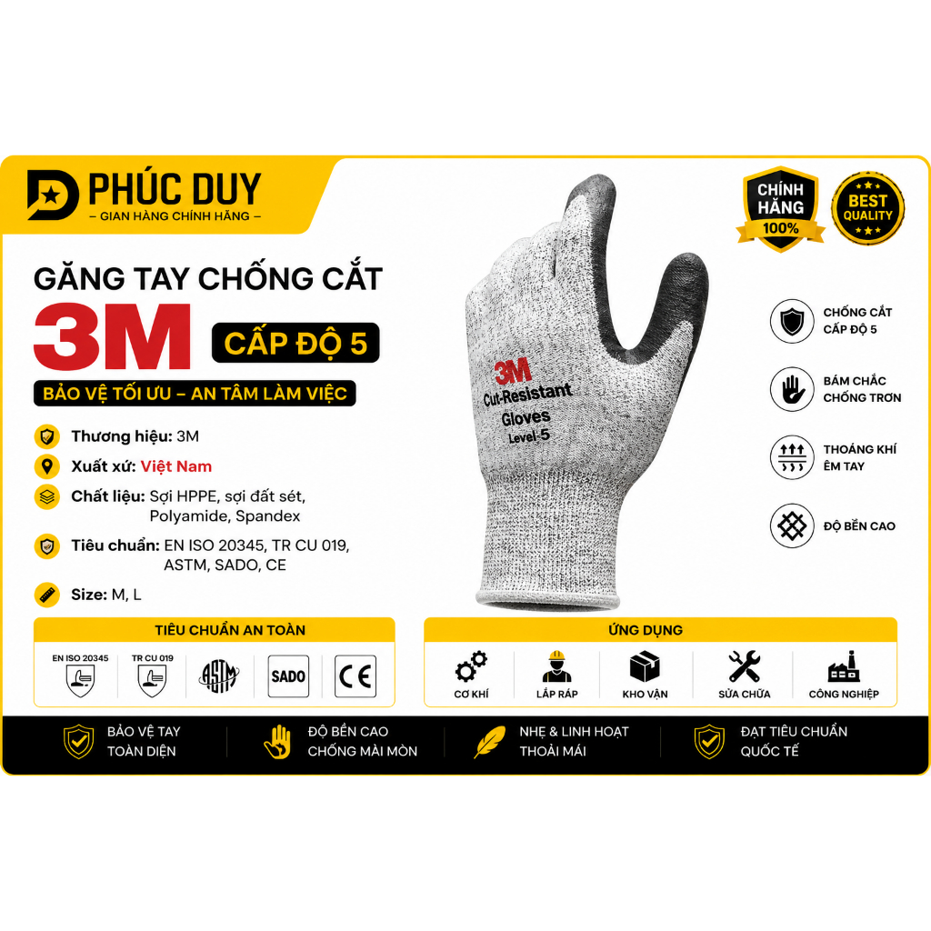 🥇 GĂNG TAY CHỐNG CẮT 3M CẤP ĐỘ 5 EN388:4543 • Phủ PU • Chính Hãng
