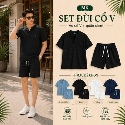 Set bộ nam cổ V MK CLEVER vải đũi mây phong cách basic mặc mát, nhẹ nhàng thoải mái, set bộ nam form dễ mặc