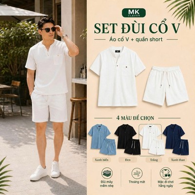 Set bộ đồ Nam Đũi Cổ V MK CLEVER Chất vải đũi mây nhẹ, thoáng mát, co giãn, form thoải mái đi chơi, đi biển