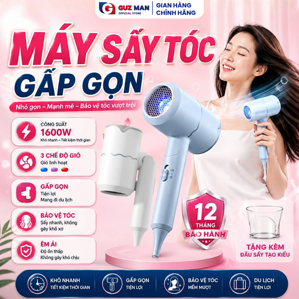 Máy Sấy Tóc Gấp Gọn 1600W 2 Chiều Nóng Lạnh, 3 Chế Độ Nhiệt, Đa Năng Chăm Sóc  Và Bảo Vệ Tóc