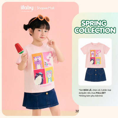 [ILABY 10-40kg] Mix set bé gái, áo thun chất liệu cotton hình mèo và chân váy jeans [3801+3403]