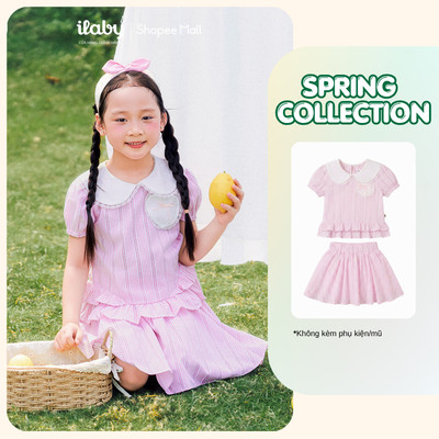 [ILABY 10-40kg] Đồ bộ bé gái áo cổ sen phối chân váy xòe họa tiết kẻ sọc [3737]