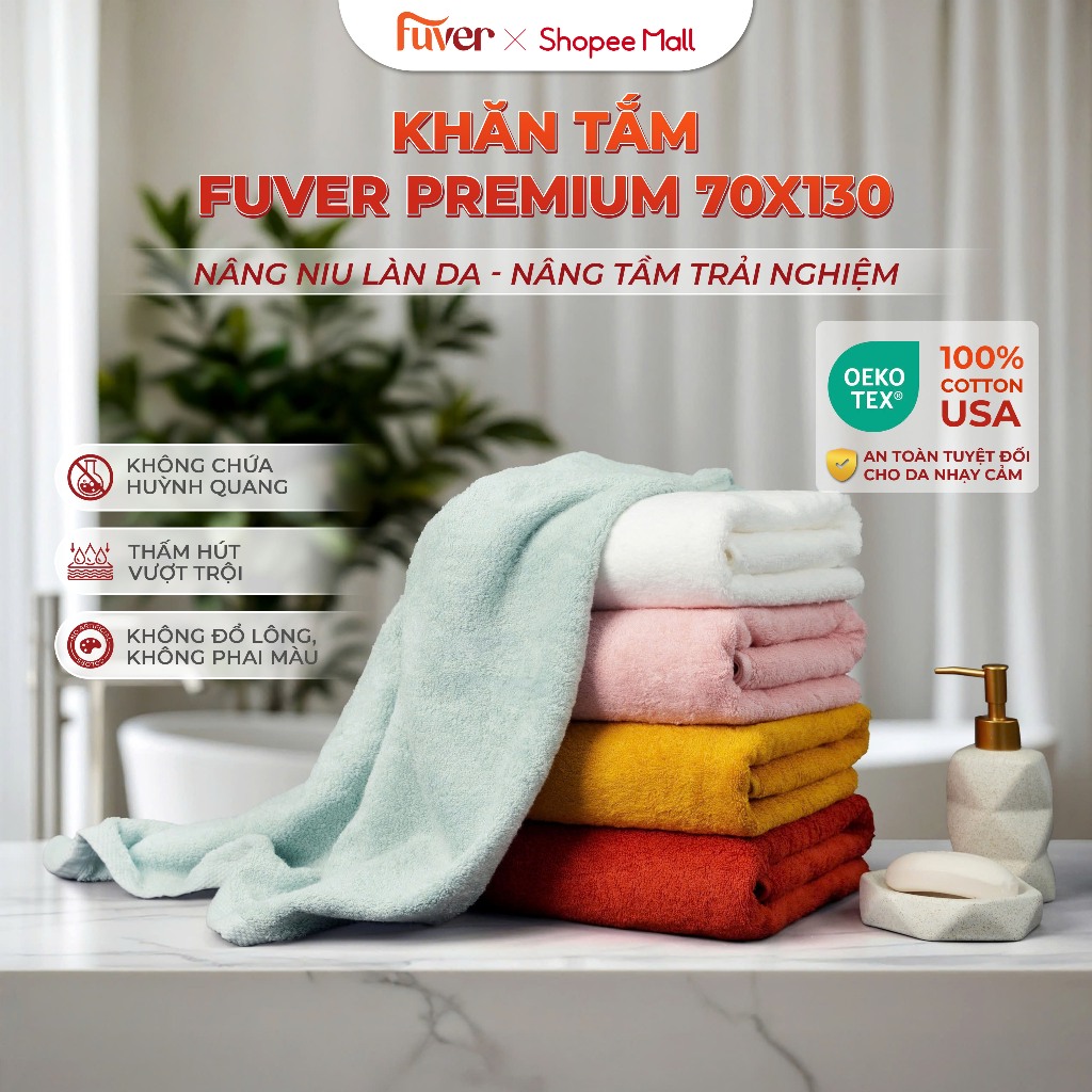 Khăn tắm cao cấp Fuver Premium 70x130cm - 450gr 100% Cotton USA Mềm Mại, Thấm Hút, Kháng Khuẩn | BigBuy360 - bigbuy360.vn
