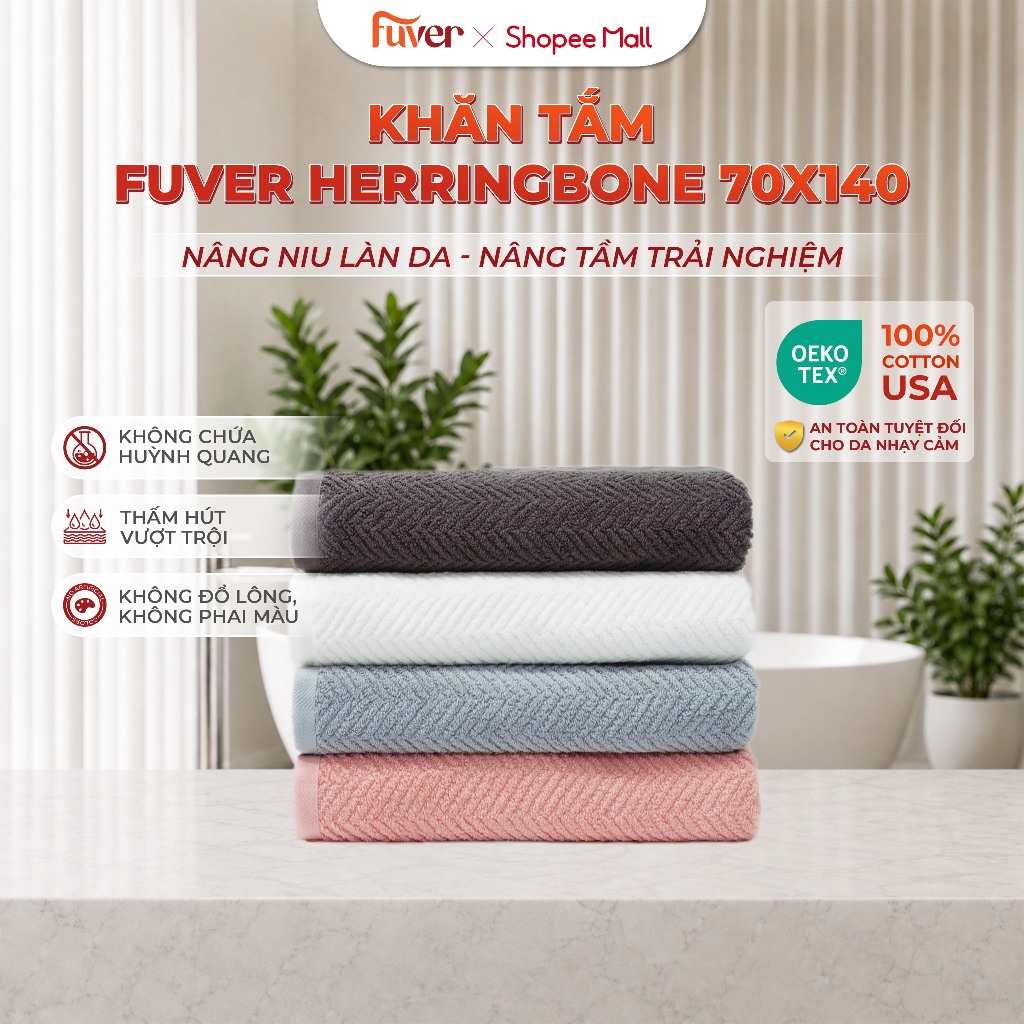 Khăn tắm cao cấp Fuver Herringbone 70x140cm - 500gr 100% Cotton USA Mềm Mại, Thấm Hút, Kháng Khuẩn | BigBuy360 - bigbuy360.vn