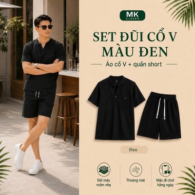 Set bộ Đũi cổ V màu đen MK CLEVER chất vải đũi mây phong cách basic, nhẹ nhàng thoải mái, set bộ nam form dễ mặc