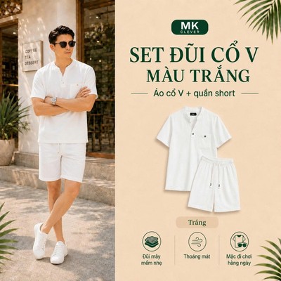 Set bộ Đũi cổ V màu trắng MK CLEVER chất vải đũi mây phong cách basic, nhẹ nhàng thoải mái, set bộ nam form dễ mặc