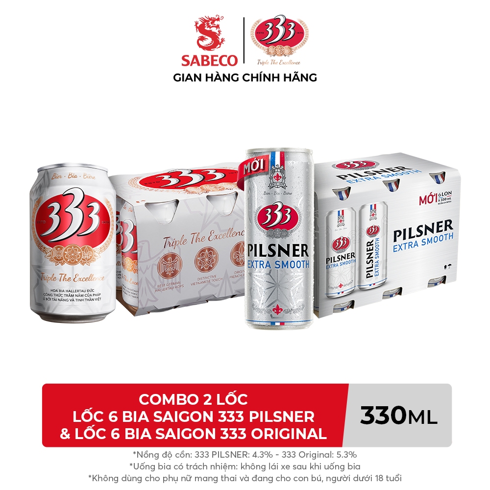 Combo 2 lốc - Lốc 6 Bia Saigon 333 Pilsner 330ml & Lốc 6 Bia Saigon 333 Original 330ml