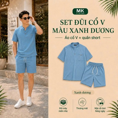Set bộ Đũi Cổ V màu xanh nước biển MK CLEVER Chất vải đũi mây nhẹ, thoáng mát, co giãn, form thoải mái đi chơi, đi biển