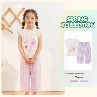 [ILABY 10-40kg] Bộ đồ bé gái, áo cotton cánh tiên in hình và quần caro thô cao cấp [3873]
