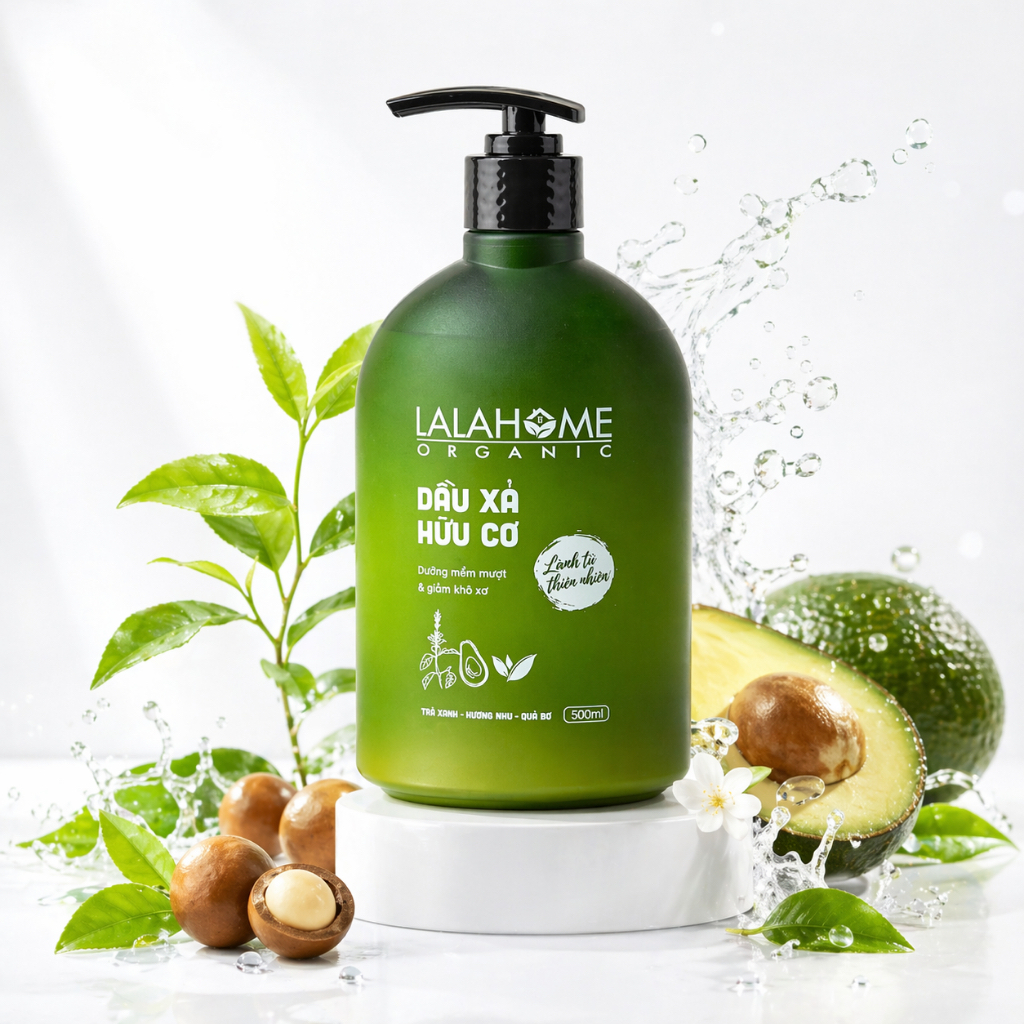 {CHÍNH HÃNG} 🌿 DẦU XẢ THẢO DƯỢC LALAHOME ORGANIC TRÀ XANH – HƯƠNG NHU – QUẢ BƠ (500ML)