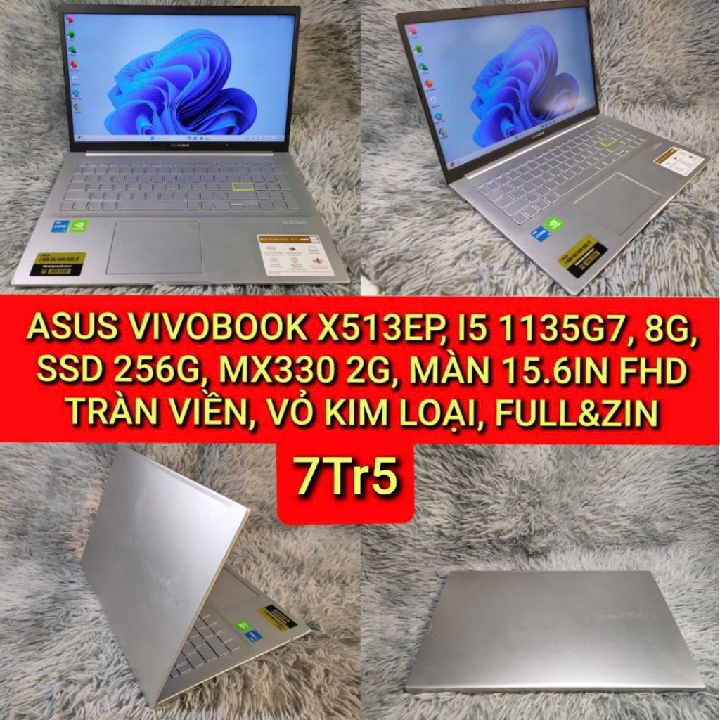 LAPTOP ASUS VIVOBOOK X513EP, I5 1135G7, 8G, SSD 256G, MX330 2G, MAN 15.6IN FHD TRÀN VIÊN, VỎ KIM LOẠ