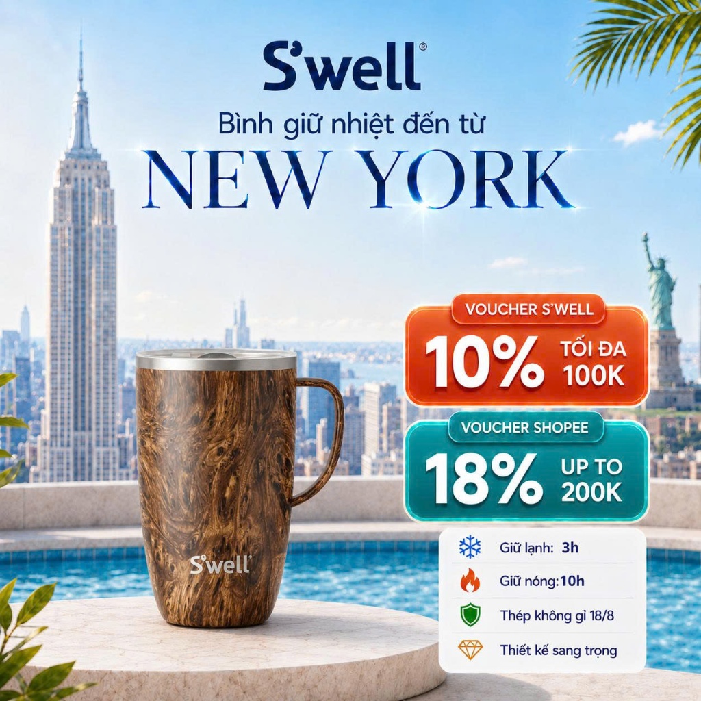 Cốc Giữ Nhiệt S’well Teakwood Có Quai Cầm 470ml Giữ Lạnh 10h/Nóng 3h 14416-B20-70720 - Thép Không Gỉ