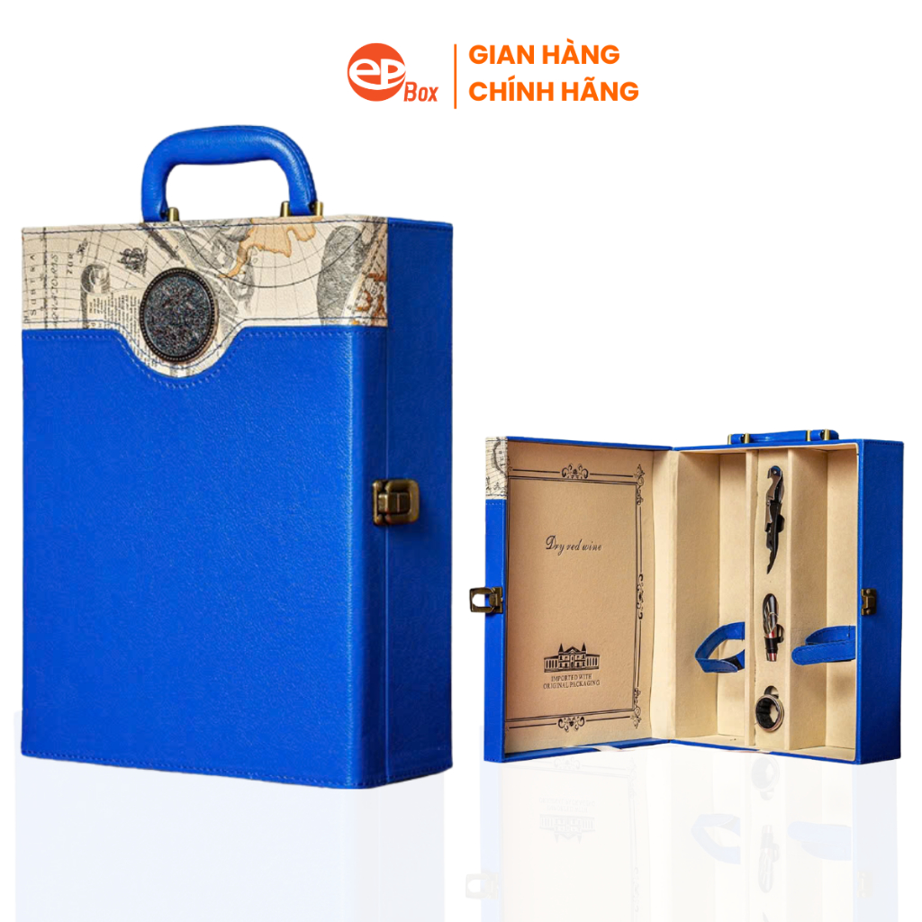 Hộp Đựng Rượu Vang Da Đôi Epvina Box Họa Tiết Bản Đồ Trắng Đựng 2 Chai Vang 750ml