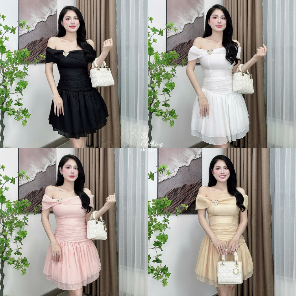 [3T CLOTHING]Váy đầm dự tiệc, chất liệu tơ óng vân cao cấp, tùng xòe trễ vai, tặng ghim cài, kèm quầ