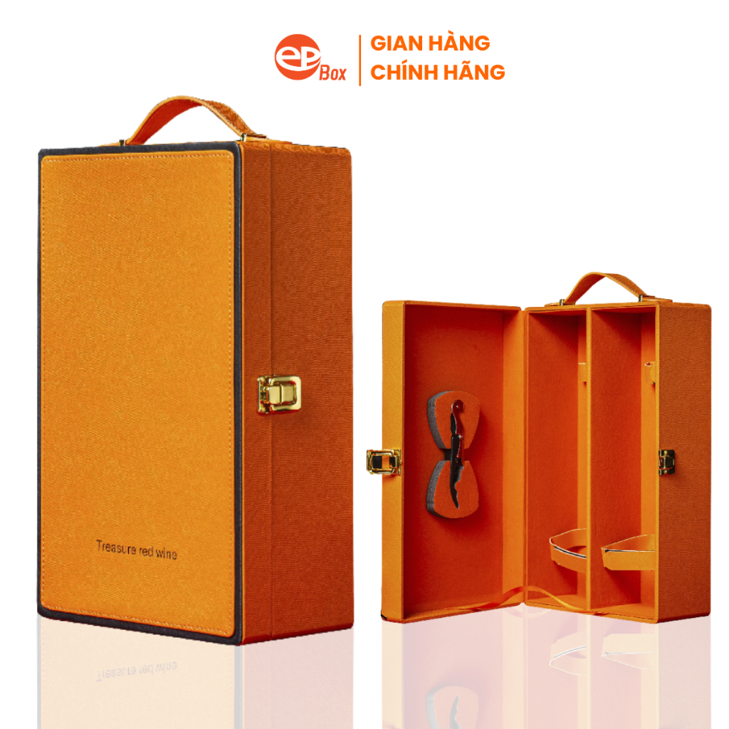 Hộp Đựng Rượu Vang Da Đôi Epvina Box Phối Viền Kẻ Sang Trọng Trơn 2 Màu Cam, Đỏ