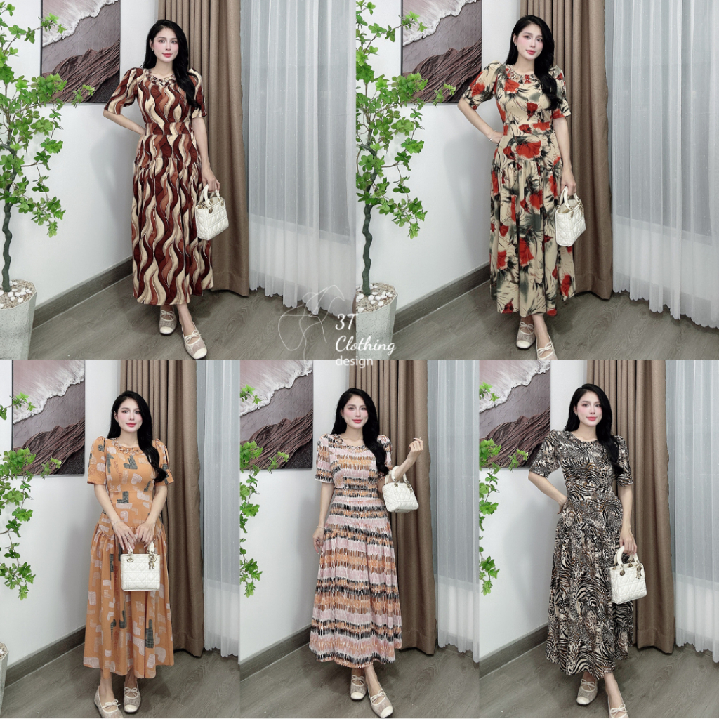 [3T CLOTHING] Váy đầm lụa Mango cao cấp tay phồng dáng xòe che bụng, váy bigsize nữ 40-80kg bo chun 