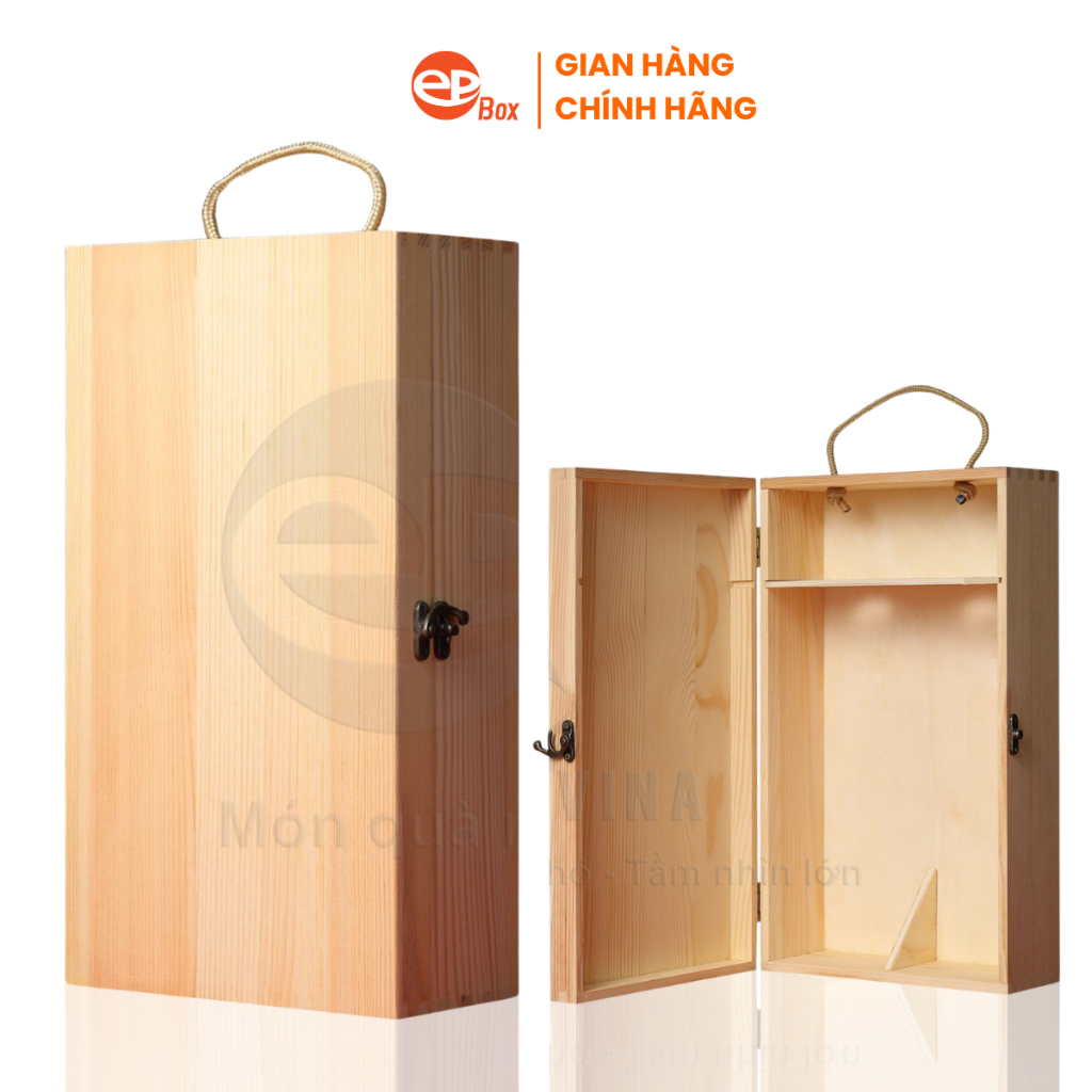 [In Theo YC] Hộp Gỗ Đôi Đựng Rượu Gỗ Thông Có Dây Thừng Quai Xách Chắc Chắn Epvina Box