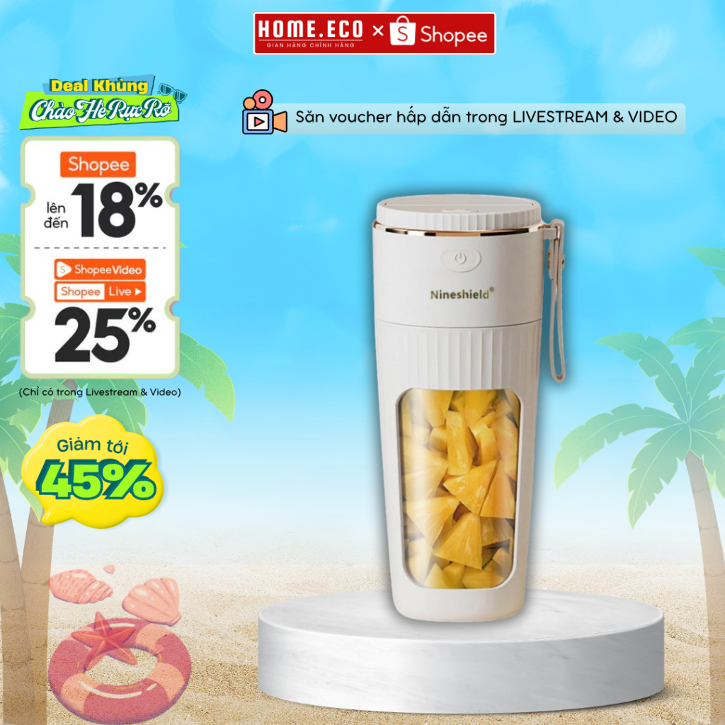 Máy Xay Sinh Tố Cầm Tay Sạc Tích Điện Nineshield Modem NS025 Dung Tích 340ml Lưỡi Xay Inox 6 Lưỡi