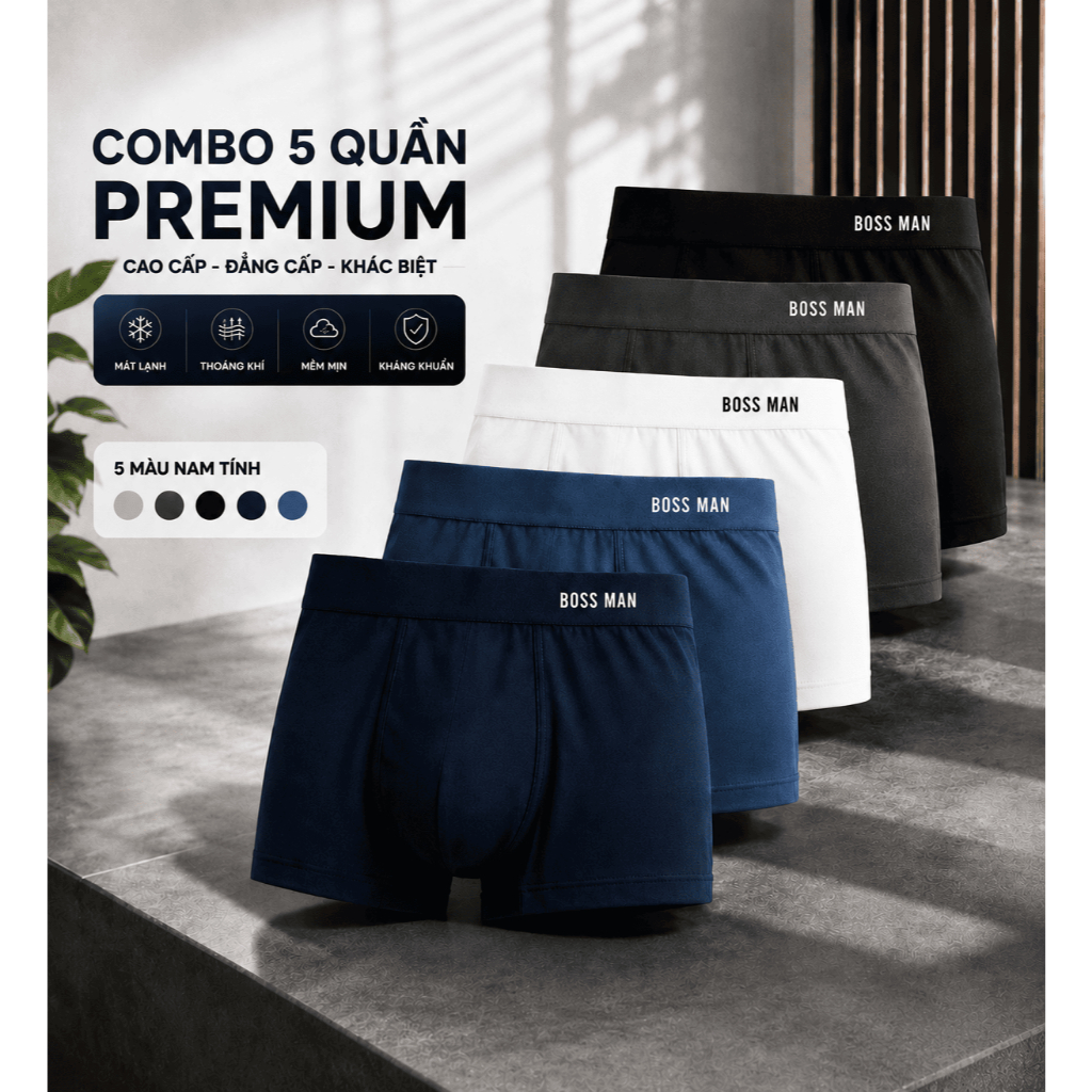 Combo 5 Boxer Nam Thun Lạnh Kháng Khuấn Công Nghệ Cao BM1