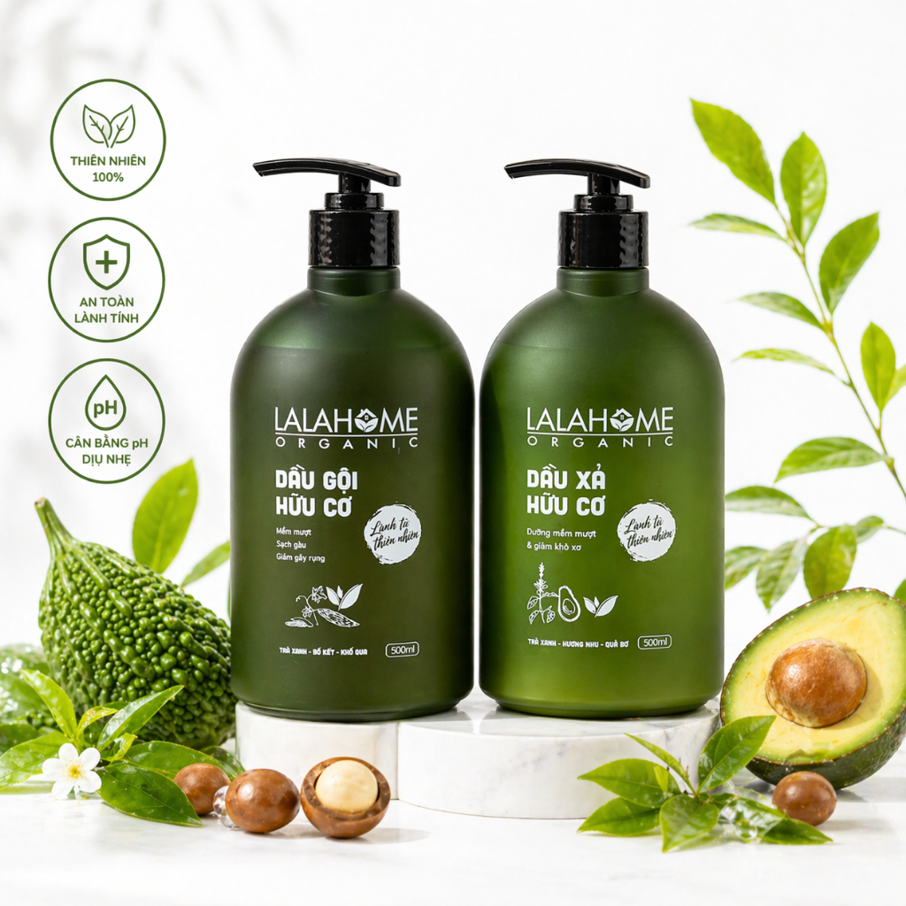 🌿 {CHÍNH HÃNG} COMBO DẦU GỘI + DẦU XẢ LALAHOME ORGANIC 500ML – GIẢM GÀU, MỀM MƯỢT, CHẮC KHỎE TÓC