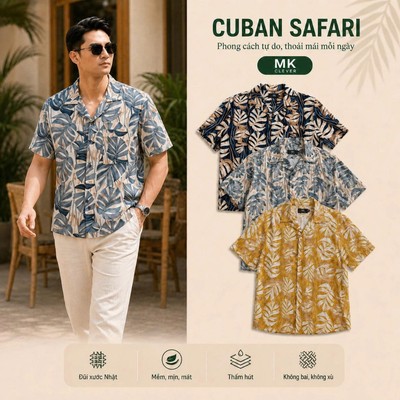 Áo Sơ Mi nam Cuban Safari MKCLEVER chất vải đũi xước mềm mịn, thoáng mát, thấm hút, chống nhăn, form rộng mặc hằng ngày