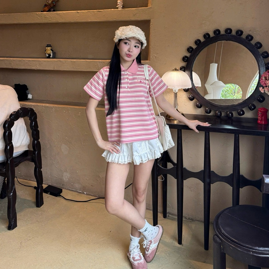 Áo Polo Nữ Chất Vải Thun Gân Sọc Nổi, Cổ Bẻ Kẻ Ngang Phong Cách Hàn Quốc -  POLO STYLE | BigBuy360 - bigbuy360.vn