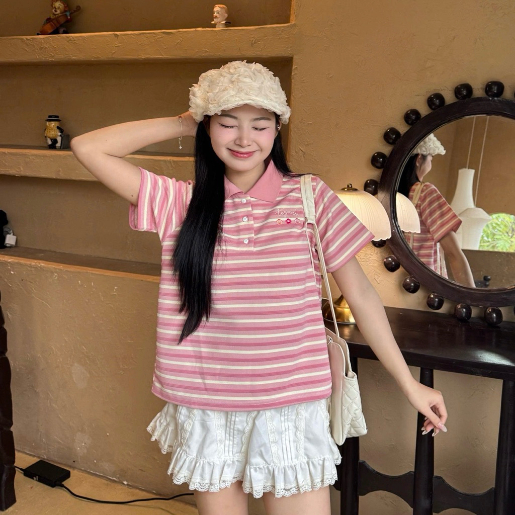 Áo Polo Nữ Chất Vải Thun Gân Sọc Nổi, Cổ Bẻ Kẻ Ngang Phong Cách Hàn Quốc -  POLO STYLE