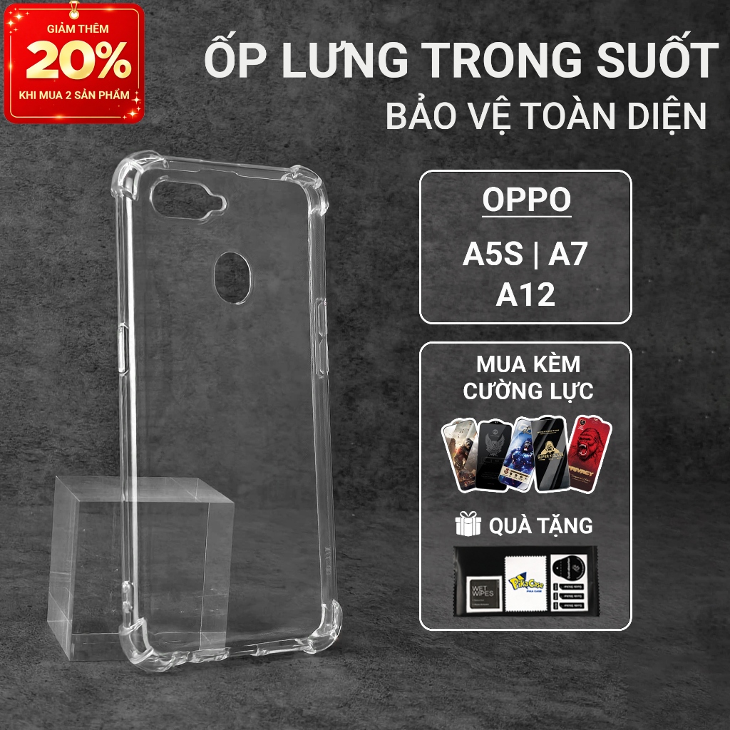 Ốp lưng Oppo A5S, A12, A7 Pikacase trơn trong suốt | Ốp điện thoại Oppo dẻo bảo vệ camera đt toàn di