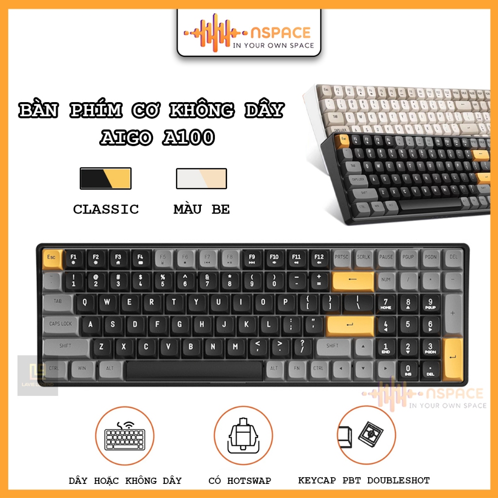 Bàn Phím Cơ Không Dây Keycap PBT HOTSWAP Aigo A100 A108 Yellow Switch (Darkflash) Bàn Phím Cơ Gaming
