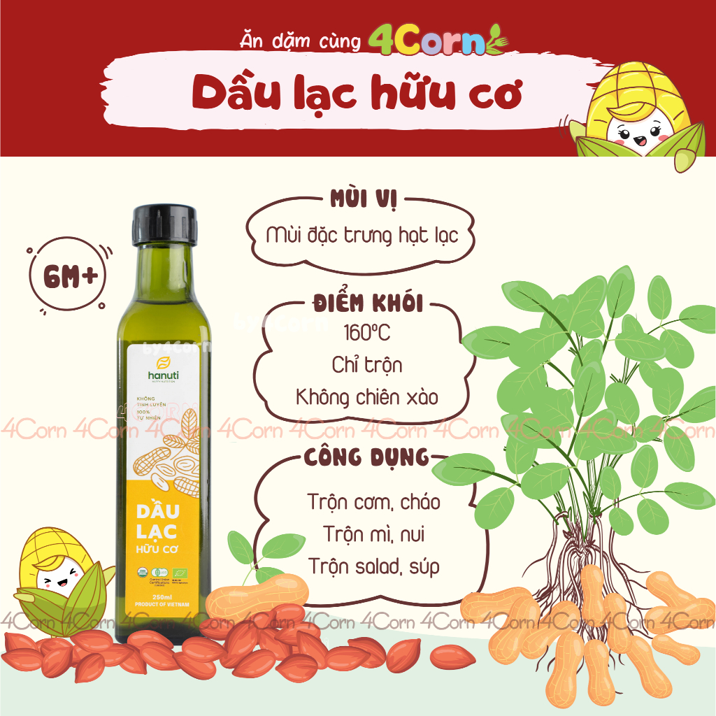 Dầu lạc (Dầu đậu phộng) hữu cơ Hanuti - Cho bé 6m+