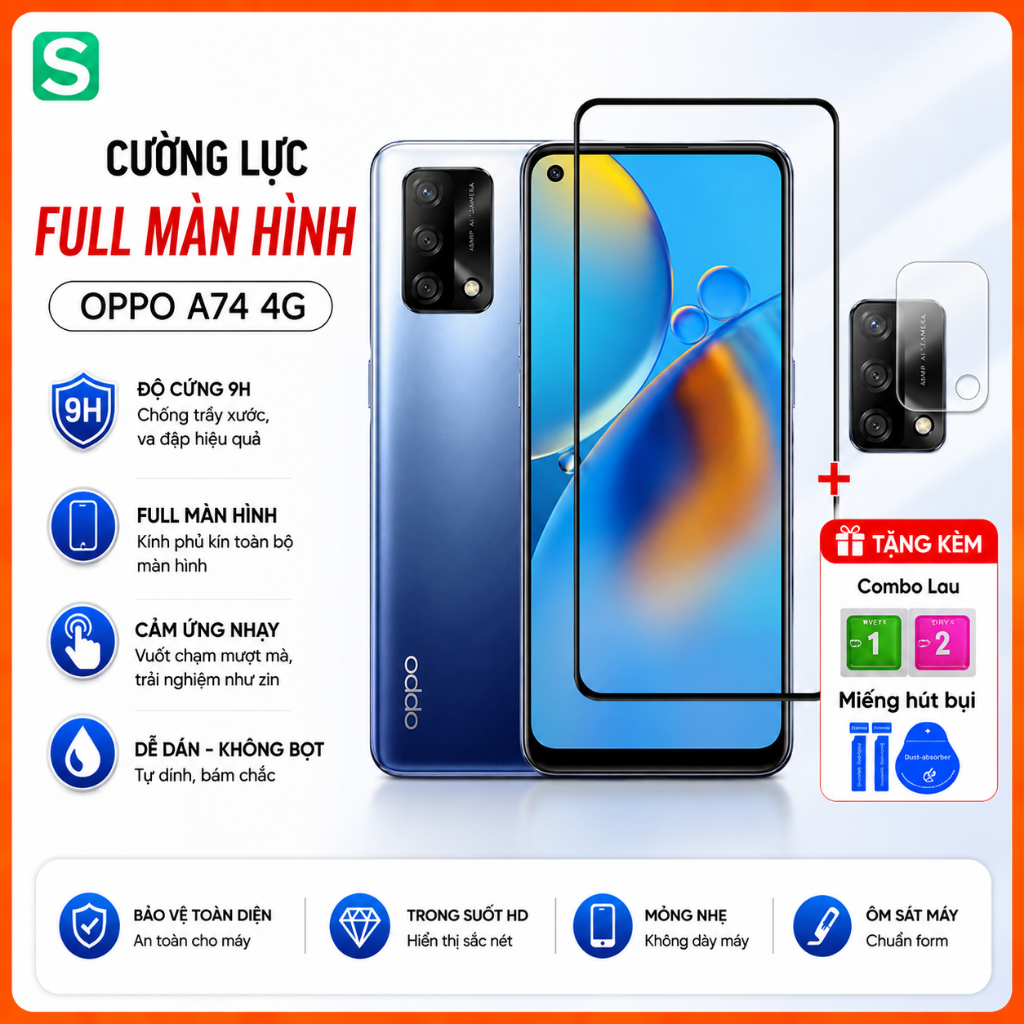 Kính cườnglực Full màn hình dành cho Oppo A74 4g A74 5g + Dán bảo vệ camera cho OPPO A74 4g A74 5g