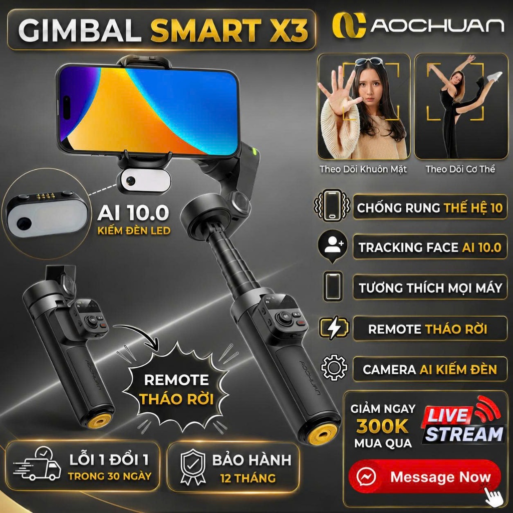 Gimbal SMART X3 PRO phiên bản 2026, Gymbal chống rung điện thoại quay phim chụp ảnh theo dõi vật thể