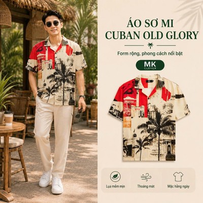 Áo Sơ Mi nam Cuban Old Glory MKCLEVER chất lụa Hàn mềm mịn, thoáng mát, không nhăn, form không ôm, chuẩn dáng