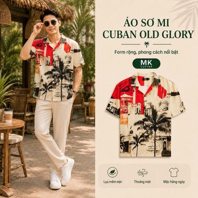 Áo Sơ Mi Cuban nam Old Glory MKCLEVER Chất lụa mềm mịn, thoáng mát, chống nhăn, form rộng mặc hằng ngày