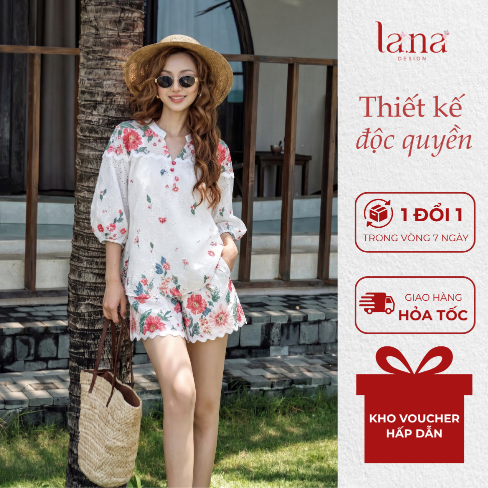 Set áo quần XUÂN THẢO thiết kế LANA DESIGN chất thô đục lỗ in hoa, đồ nữ đi biển, dạo phố - SQ223