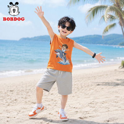 Áo thun hè cho bé trai BOBDOG, áo ba lỗ chất cotton mỏng mát, áo sát nách cổ tròn, dáng suông in hình cá heo cute cho bé