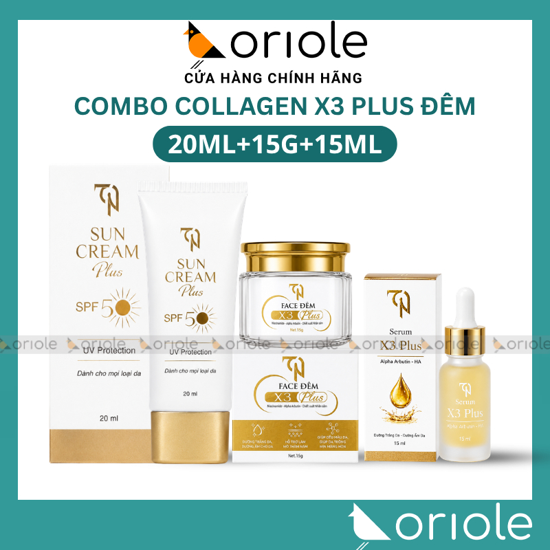 Combo Kem Face Đêm Collagen x3 TN Plus + Serum Collagen x3 TN Plus + Kem Chống Nắng X3 Plus TN Mỹ Ph