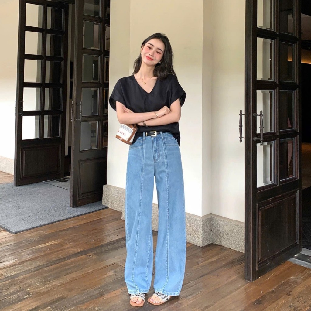 Quần jean ống suông rộng ly trước dài quần 105cm thời trang Callene (L3000)