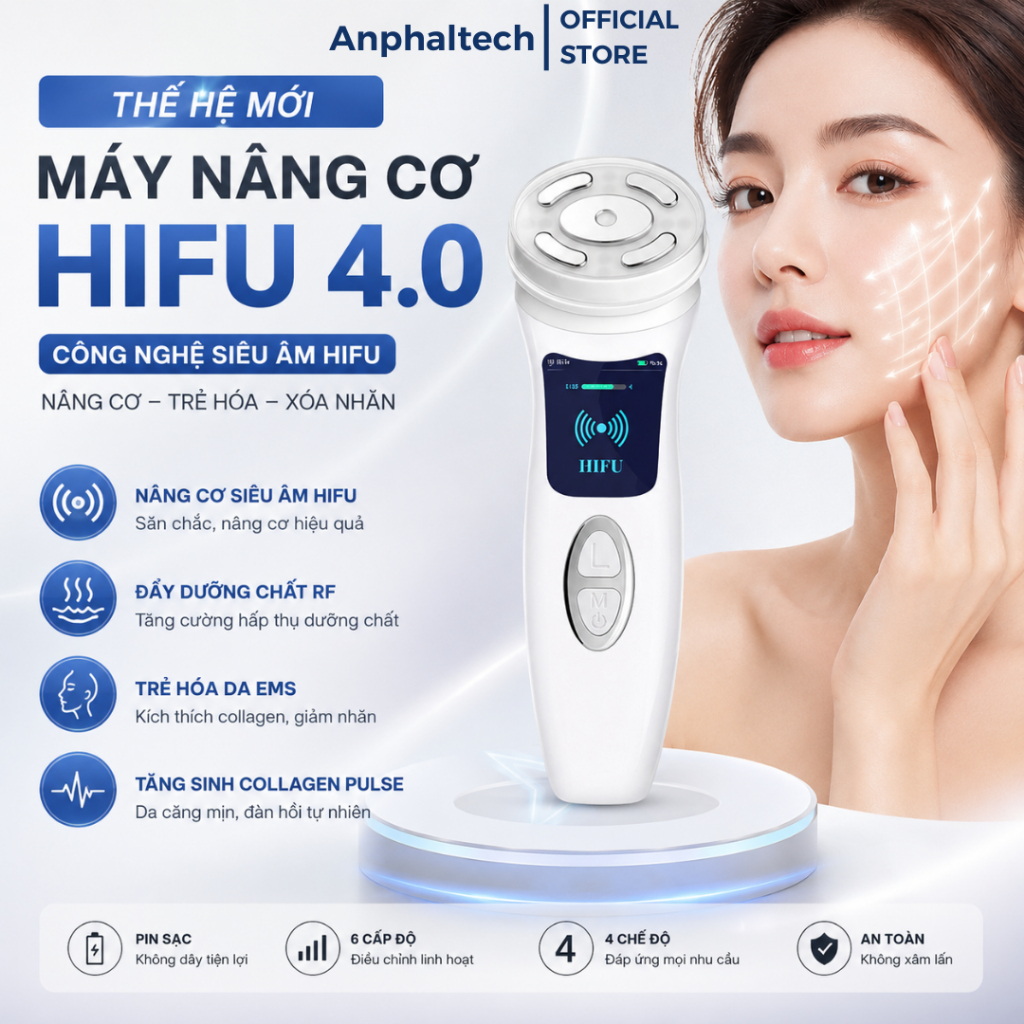 Máy Nâng Cơ HIFU MINI 4.0, Công Nghệ Nâng Cơ HIFU RF EMS LED, Máy Massage Mặt Trẻ Hóa Da Xóa Nhăn Să