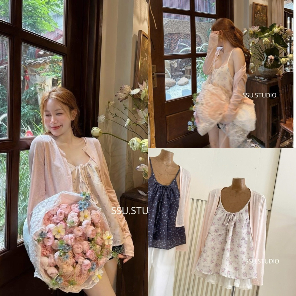 Set Áo Cadigan HỒNG mix áo 2S Hoa Be Vintage style Vintage-Dành Cho Nữ