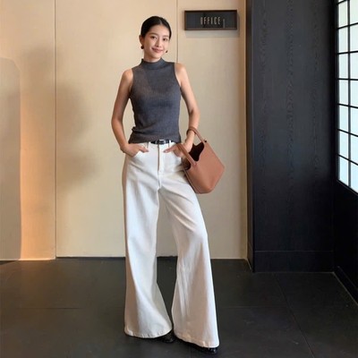 Quần jean lưng cao ống rộng chất jean co giãn dài quần 101cm thời trang Callene (L3002)