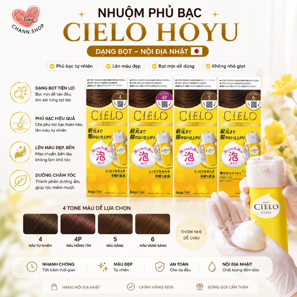 Nhuộm Phủ Bạc Cho Nữ Dạng Bọt Hoyu CIELO Vàng nhuộm tóc có dưỡng tóc Nội Địa Nhật