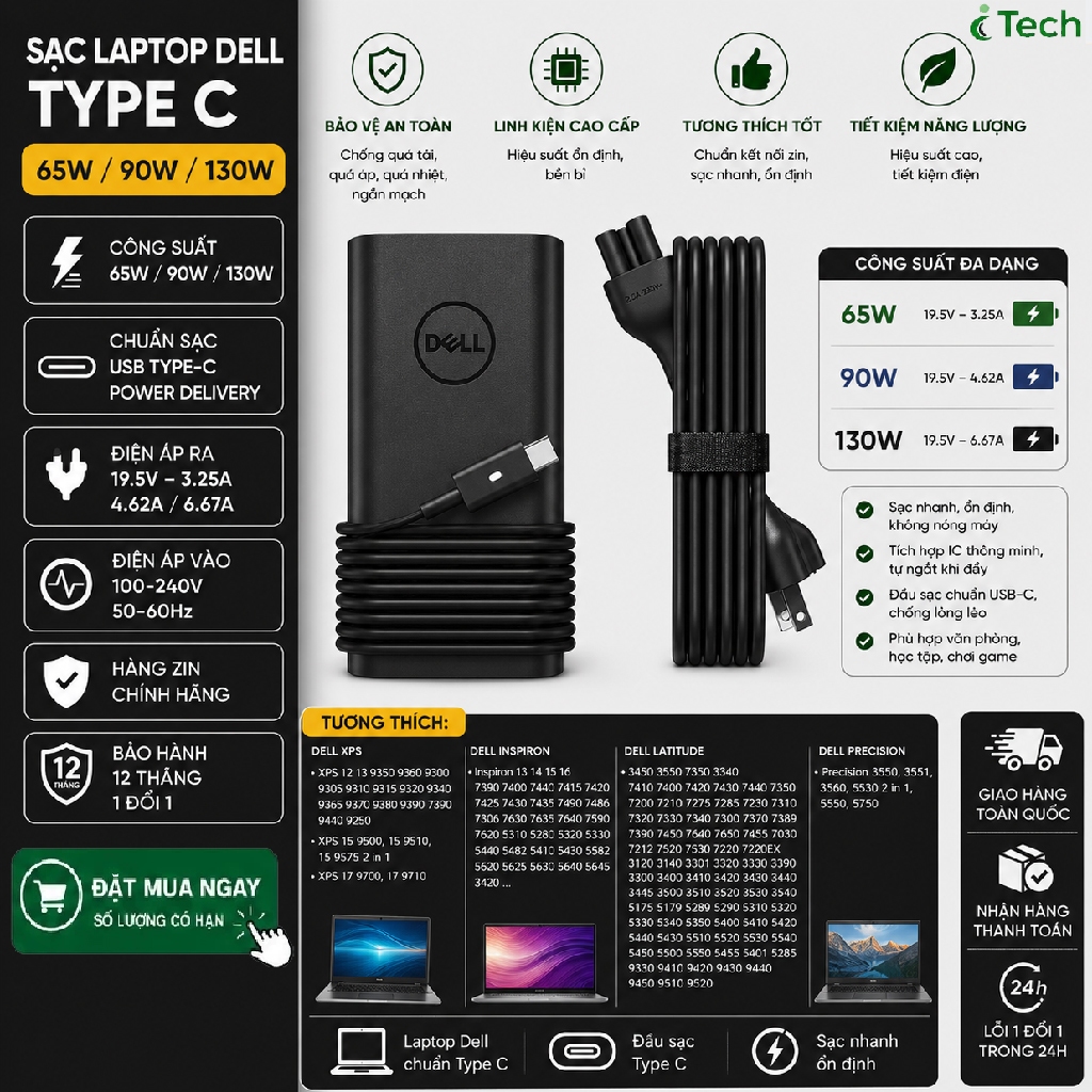 Sạc Dell Type C 65W 90W 130W dùng cho laptop Dell XPS 9315 9320 7390, Dell Latitude 5410 5420 5440 7