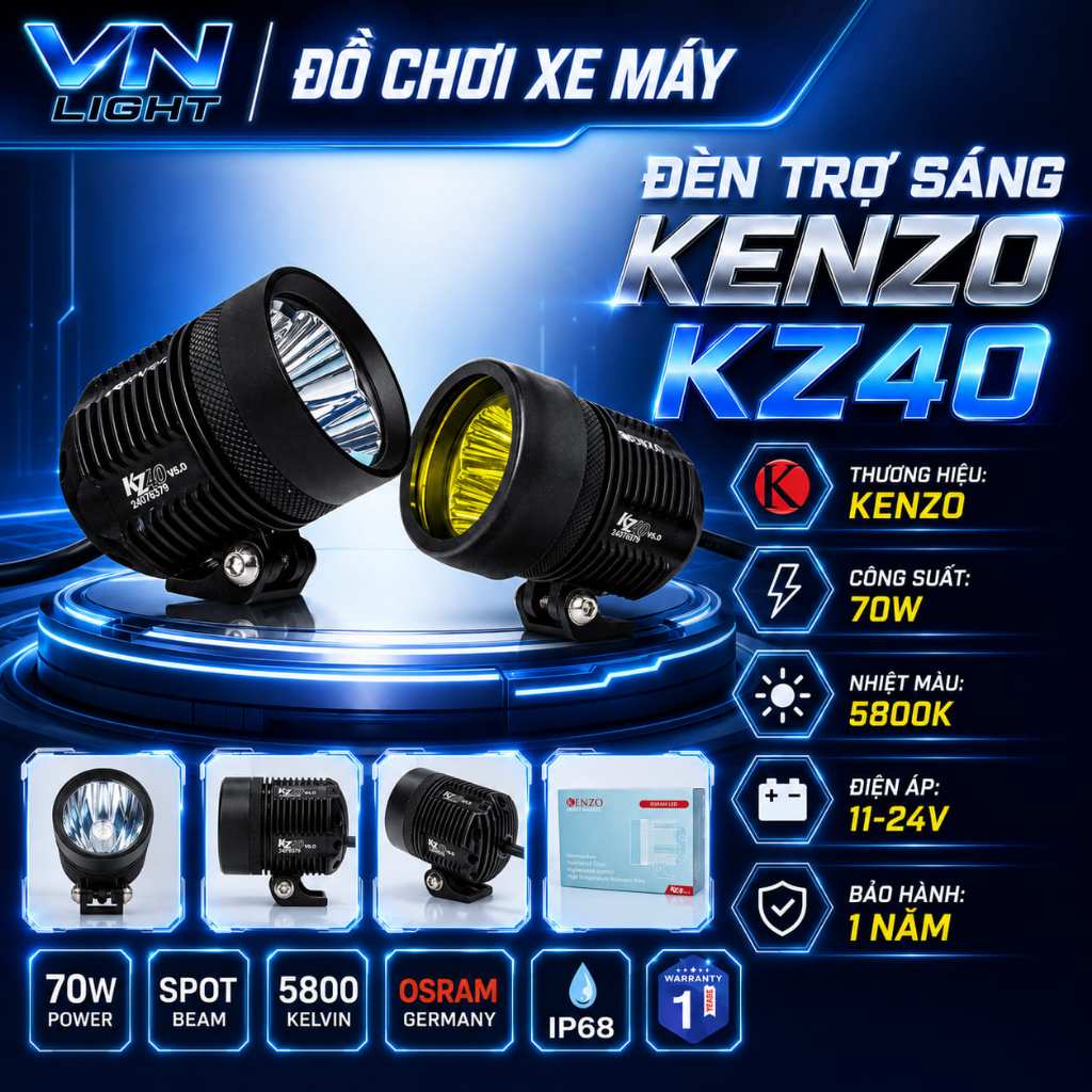 Đèn Trợ Sáng Kenzo KZ40 V5.0 70W Chính Hãng Siêu Sáng Cho Xe Máy Gom Sáng Mạnh Đi Tour Cực Đỉnh