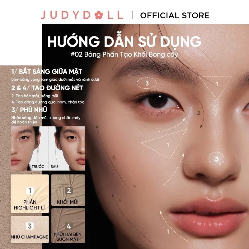 JUDYDOLL Phấn bắt sáng tạo khối 4 ô Highlight Contour Palette Tự nhiên Lâu trôi Chống nước 9g | BigBuy360 - bigbuy360.vn