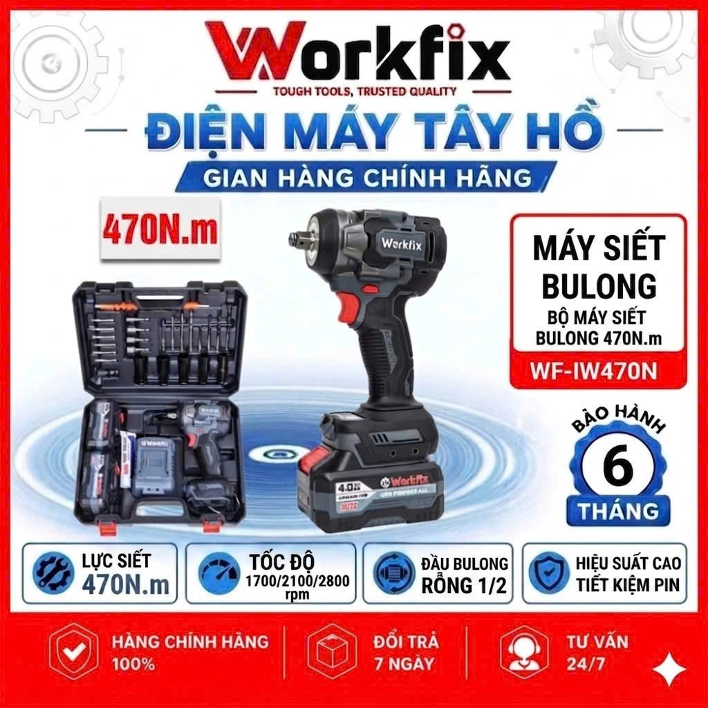 Máy siết Bulong 470N.m WORKFIX WF-IW470N,Động cơ không chổi than,Tặng kèm bộ phụ kiện