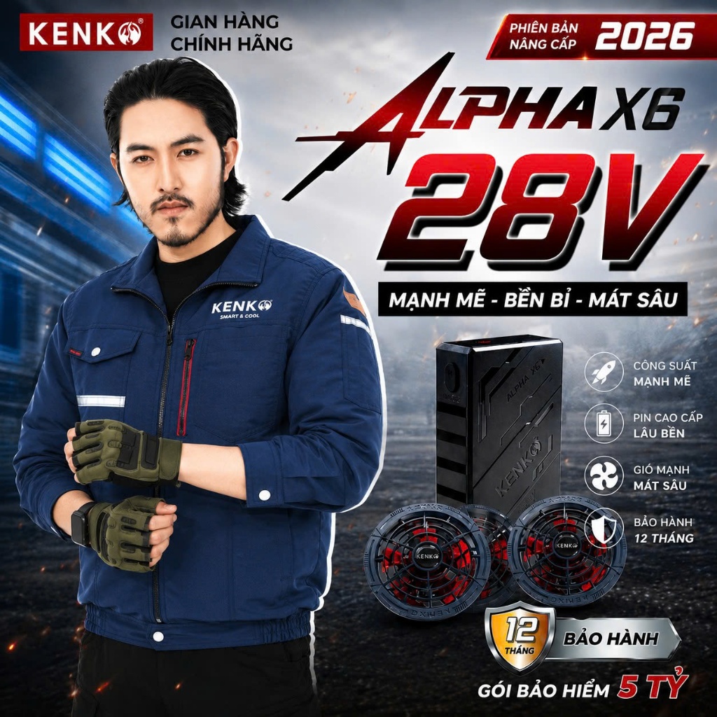 Áo Điều Hòa KENKO Alpha X6 28V Chính Hãng – Quạt Không Chổi Than, Pin 24000mAh, Chạy 5-20H, BH 12 Th